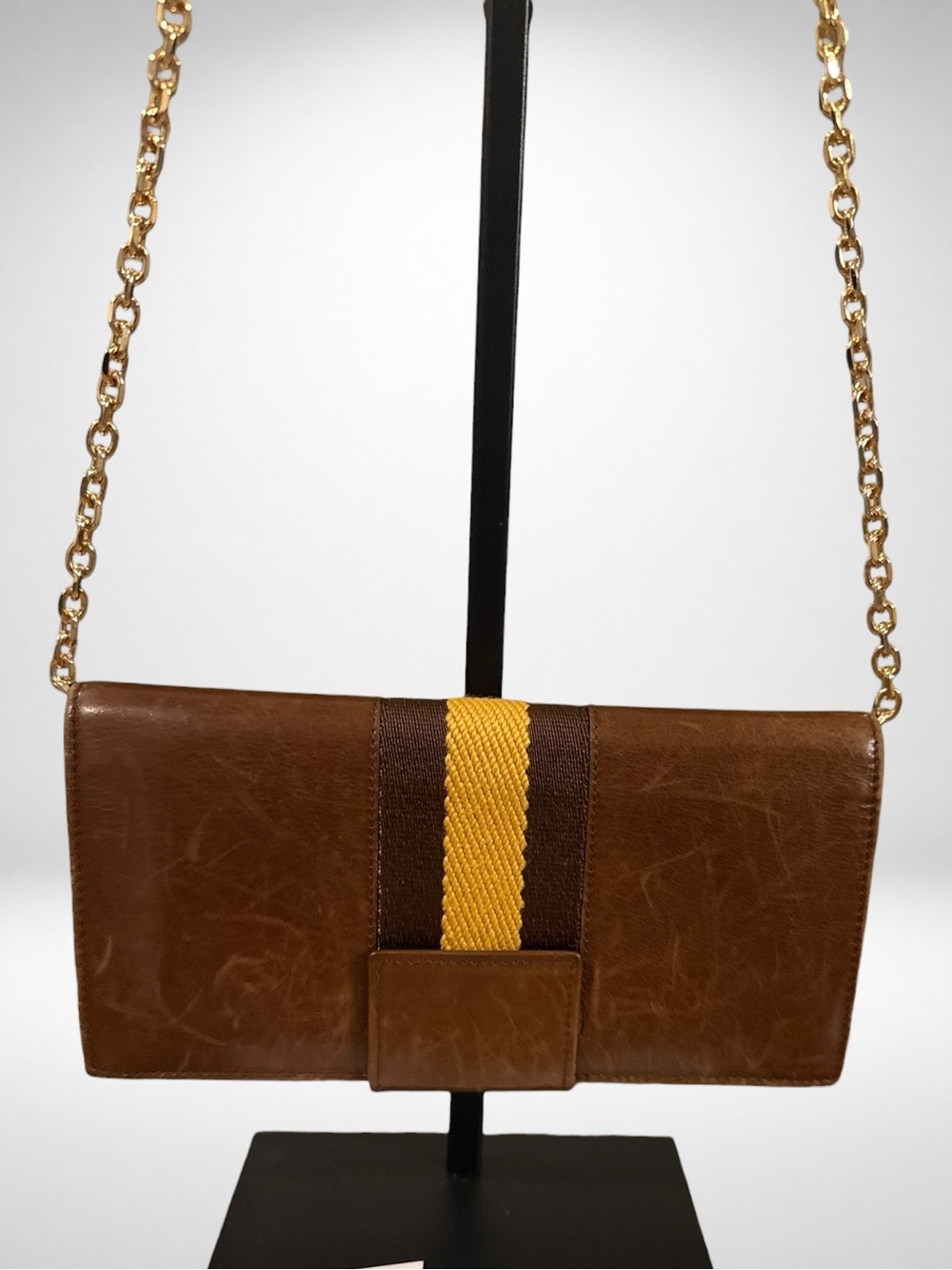 Gucci Vintage Authentic Brown Leather Web Stripe Wallet Chain Crossbody Clutch - Picture 4 of 16